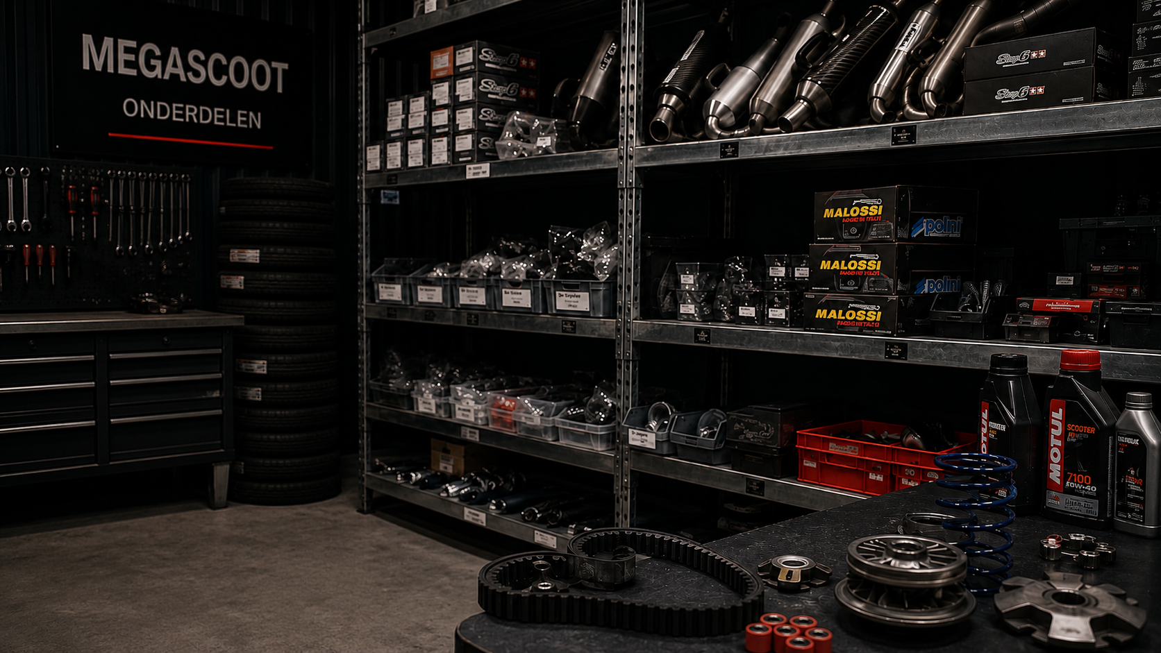 Motor onderdelen en helmen in de winkel van Megascoot Zoetermeer